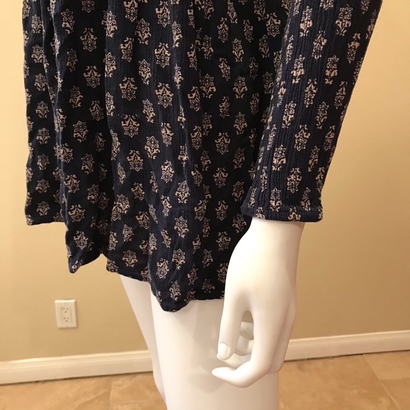 Forever 21 Boho Peasant Top Size Small Blue Tan Criss Cross Back Swing Tee - Picture 9 of 13